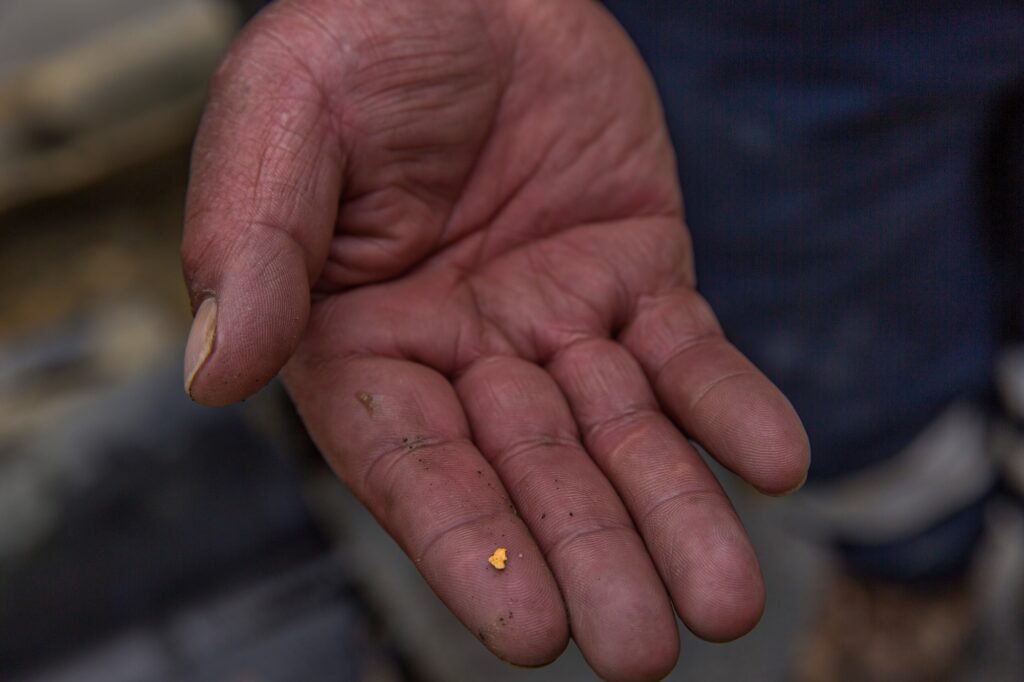 un minatore mostra un piccolo frammento di oro