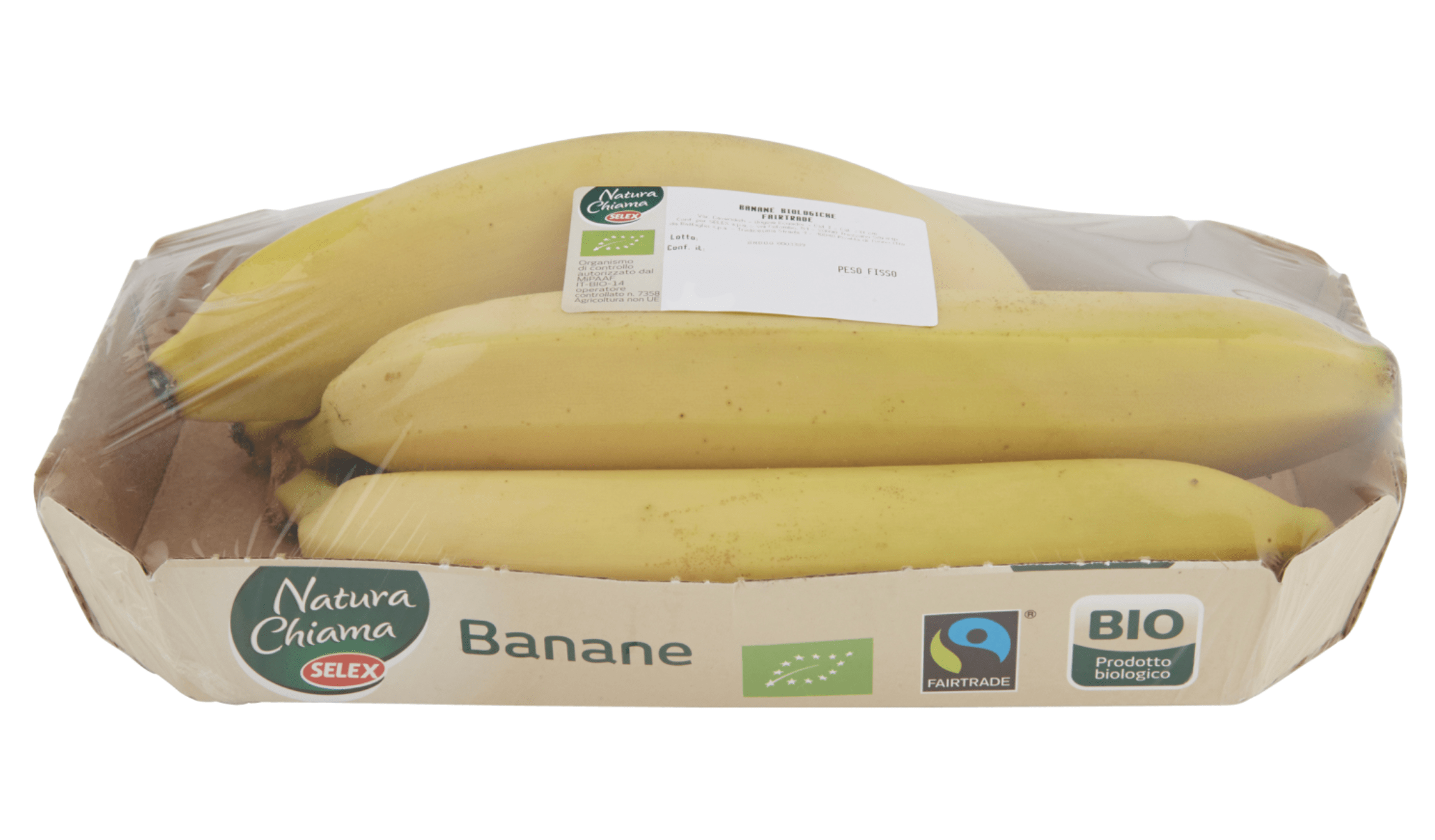 banane biologiche certificate Fairtrade in vassoio.